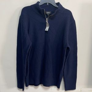 BNWT A.P.C. Rue Madame Paris Luxury 1/4 zipper pull-up Sweater navy blue Large